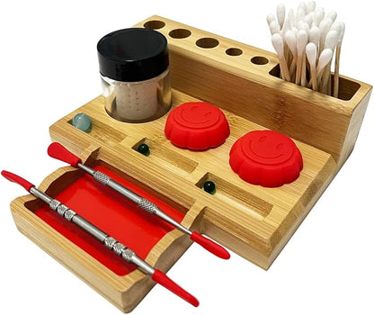 Bamboo Desk Organizer,Carving Tool Organizer with Non-sticky Mat and Silicone Container (16 x 15 x 4.5cm)