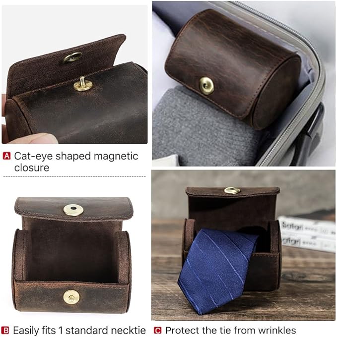 CONTACTS Genuine Leather Tie Travel Holder Small Neckties Organizer Tie Anti Wrinkle Storage Roll