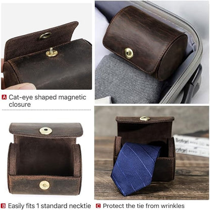 CONTACTS Genuine Leather Tie Travel Holder Small Neckties Organizer Tie Anti Wrinkle Storage Roll