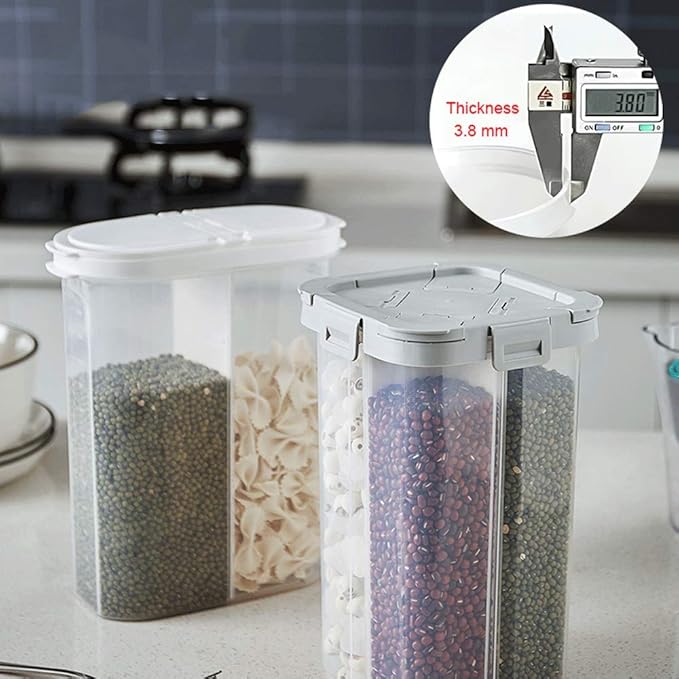 WINIAER Airtight Cereal Storage Container, Clear 2.3L Airtight Kitchen Food Storage Container with Lids and Compartments for Grain, Sugar, Flour, Rice, Nuts, Snacks