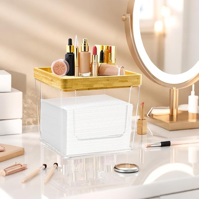GRETJOB Disposable Face Towel Holder Box, Acrylic Facial Container for XL Clean Skin Club, Large Storage With Bamboo Lid Towel Organizer Container for Bathroom, Vanity Makeup, Clear