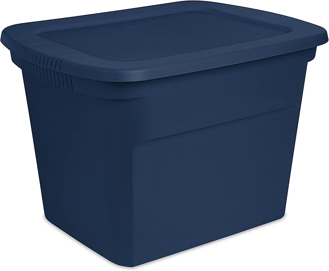Sterilite 18 Gal Storage Tote, Stackable Bin with Lid, Plastic Container to Organize Clothes in Closet, Basement, Blue Base and Lid, 8-Pack