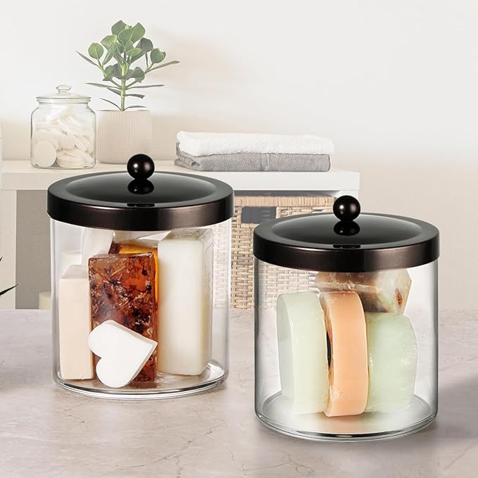 SheeChung 2 Pack 50oz Large Apothecary Jar with Bronze Rust-Proof Lid - Shatterproof Plastic Laundry Pods Container - Rustic Farmhouse Decor Storage Jar for Bathroom Vanity, Kitchen, & Scent Bead
