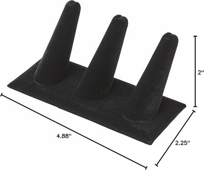 Plymor Black Velvet Ring Finger Display, Three on Rectangular Base, 4.875" W x 2.25" D x 2" H (Pack of 2)