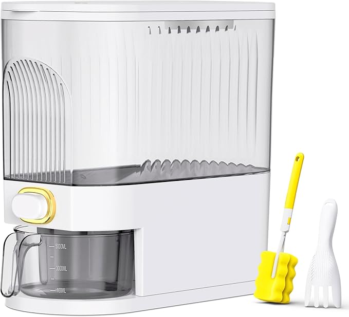 Rice Dispenser, 11Lbs-12Lbs Rice Container with Measuring Cup, Upgraded Lid Time Dials & Built-in Fresh Box Rice Container Storage for Home Kitchen Pantry Stores Rice - White Capacity 11Lbs-12Lbs