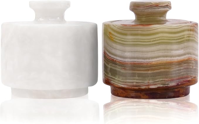 MARBLOUS KRAFTS Marble Salt Cellar with Lid 3" White and Green Onyx Salt & Pepper Bowls,Home Storage, Salt Container for Kitchen Countertop, Table Décor, Mother’s Day Gift, Kitchen, Seasoning Storage