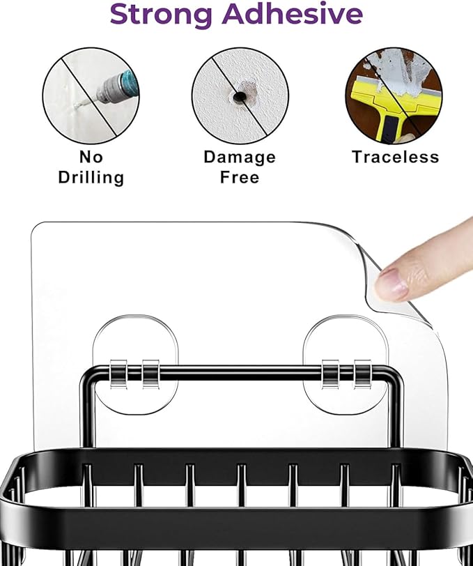 ODesign Soap Dish Holder SUS304 Stainless Steel with 6 Hooks Loofah Bath Sponge Towel Razor Holder for Bathroom Shower Kitchen Adhesive Wall Mounted No Drilling -Black-2 Pack