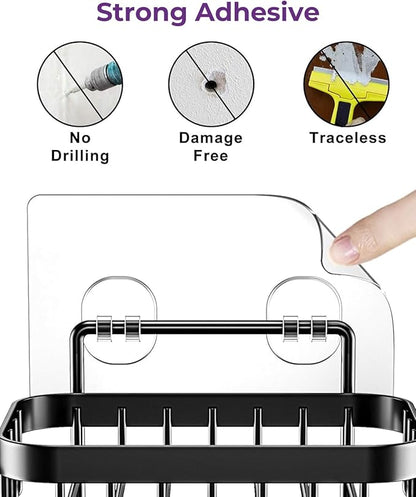 ODesign Soap Dish Holder SUS304 Stainless Steel with 6 Hooks Loofah Bath Sponge Towel Razor Holder for Bathroom Shower Kitchen Adhesive Wall Mounted No Drilling -Black-2 Pack