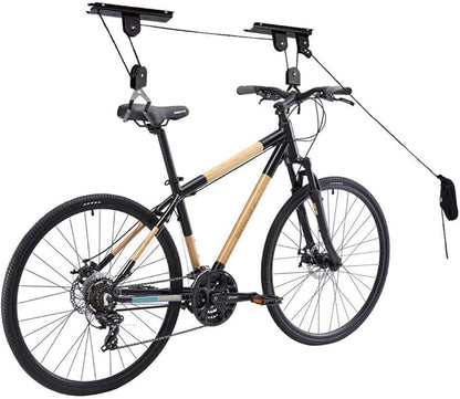Ihomepark Bike Hoist for Garage Ceiling Storage, Heavy Duty Bicycle Lift Mountain Bicycle Hanging Rack with 3 Pulley and 45 ft Adjustable Rope | 100 lb Capacity