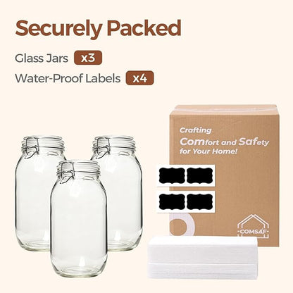 ComSaf 71oz Glass Canisters with Airtight Clamp Lids (Set of 3), 2.1L Large Fermentation & Pantry Jars for Bulk Food Storage, Ideal for Flour, Sugar, Sourdough Starter, and Pickling - 2.2 Quart