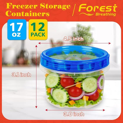 12 Pack 17oz Reusable Freezer Storage Containers with Twist Top Lids Airtight, Leakproof Plastic Food Storage Containers for Meal Prep Leftover Fruit Salad, Small Soup Container Microwave Freezer Safe