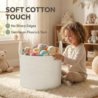 JMvicyroam 115L Extra Large Blanket Basket for Living Room - Woven Cotton Rope Laundry Hamper with Reinforced Handles - Storage Bin for Pillows, Comforters & Toys - Machine Washable,White