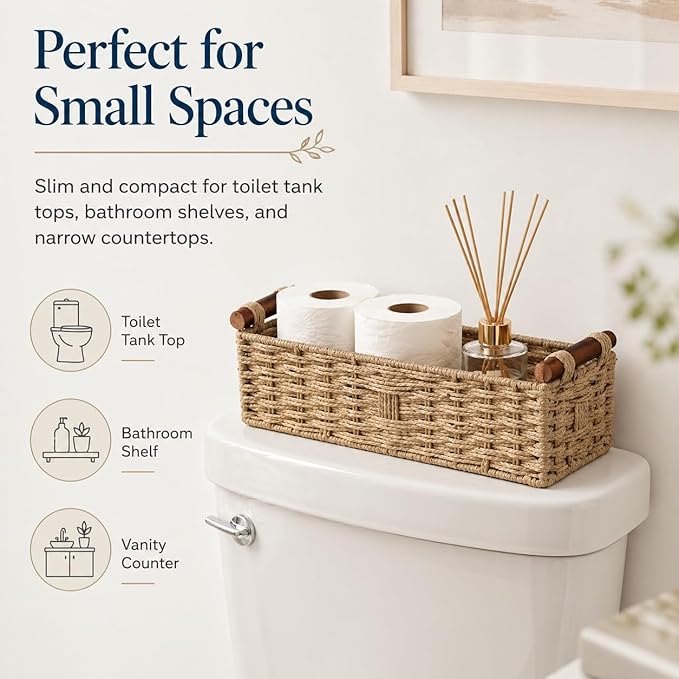 Woven Bathroom Basket with Wood Handles — Toilet Paper Storage Organizer, Back of Toilet Basket, Natural Wicker Basket for Tank Top, Countertop or Shelf