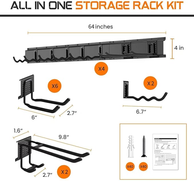 "64 Garage Tool Organizer Wall Mount - Heavy Duty 750lbs Metal Storage Rack, Easy Install Adjustable Hooks for Garden Tools Brooms