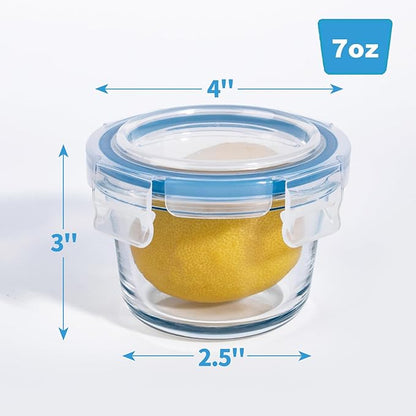 Set of 6 Small Glass Storage Containers, 7 oz Food Containers with No-Spill Lids, Thick Glass Jars for Meal Prep, Baby’s Snacks, Leftovers and Sauces, Dishwasher & Microwave Safe