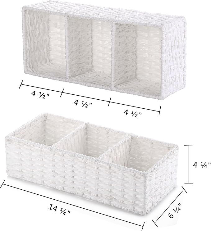 Vagusicc 3 Section Wicker Storage Basket, White Wicker Baskets for Storage, Toilet Tank Basket, Small Baskets for Organizing for Shelves, 2-Pack