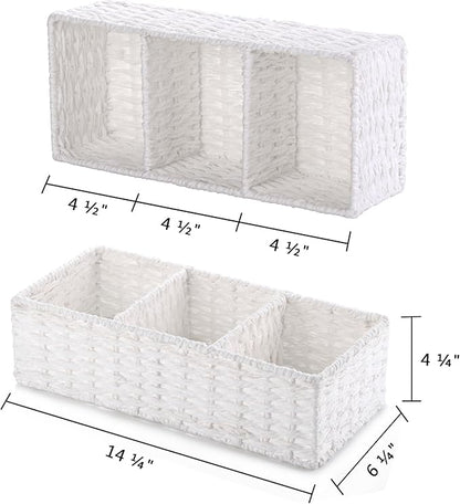 Vagusicc 3 Section Wicker Storage Basket, White Wicker Baskets for Storage, Toilet Tank Basket, Small Baskets for Organizing for Shelves, 2-Pack