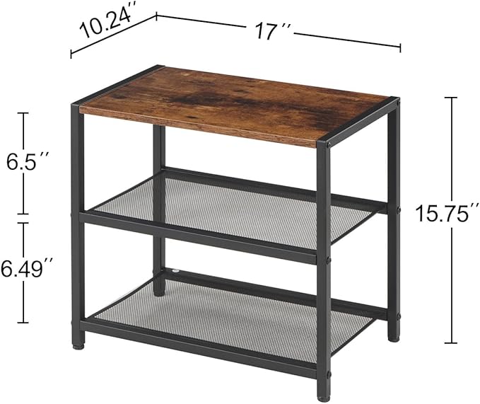 3-Tier Wooden Shoe Rack with Metal Mesh Shelves - for Entryway, Closet, Hallway & Bedroom Holds 6 Pairs, Ideal for Storage or Display