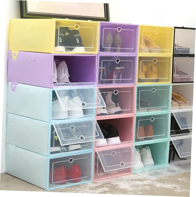 6pcs Stackable Transparent Shoes Organizer Breathable Drawer-type Shoe Storage Box Space-saving Container for Closet Entryway and Bedroom Round Center Blue