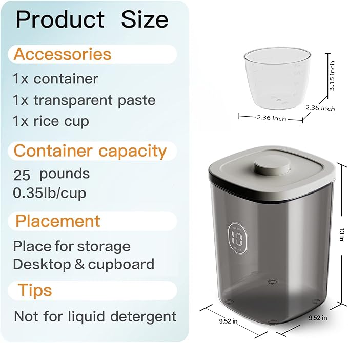 25 lbs Rice Dispenser,10.5 Qt/10 L/22-25 lbs Rice Container Storage with Measuring Cup & Brush Food Cereal Container Bins Household for Kitchen Pantry Organization (AY-10KG-GREY)