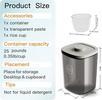 25 lbs Rice Dispenser,10.5 Qt/10 L/22-25 lbs Rice Container Storage with Measuring Cup & Brush Food Cereal Container Bins Household for Kitchen Pantry Organization (AY-10KG-GREY)