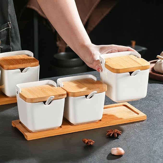 Ceramic Seasoning Jars Spice Containers with Lids, Flip Top Condiment Spice Food Storage Containers - Perfect Sugar Bowl, for Bowl, Chili, Spices, 9.4 Ounces, Set of 3 Jars, for Kitchen, Counter