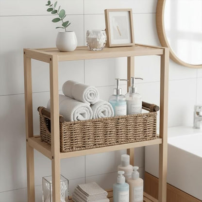 CubesLand Wicker Toilet Storage Basket Tray Organizer W/Cut Out Handle, Slim Decorative Basket for Countertop, Shelves And for Versatile Home Decor, Living Room, Nursery Organization, Neutral