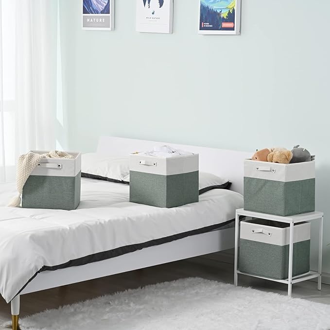 FinishingBo 13 x 13 Inch Fine Linen Storage Bins with Handles，Fabric Cube Boxs，Basket Organizers for Shelves for Home, Closet Drawers (White/Green-6 Pack)