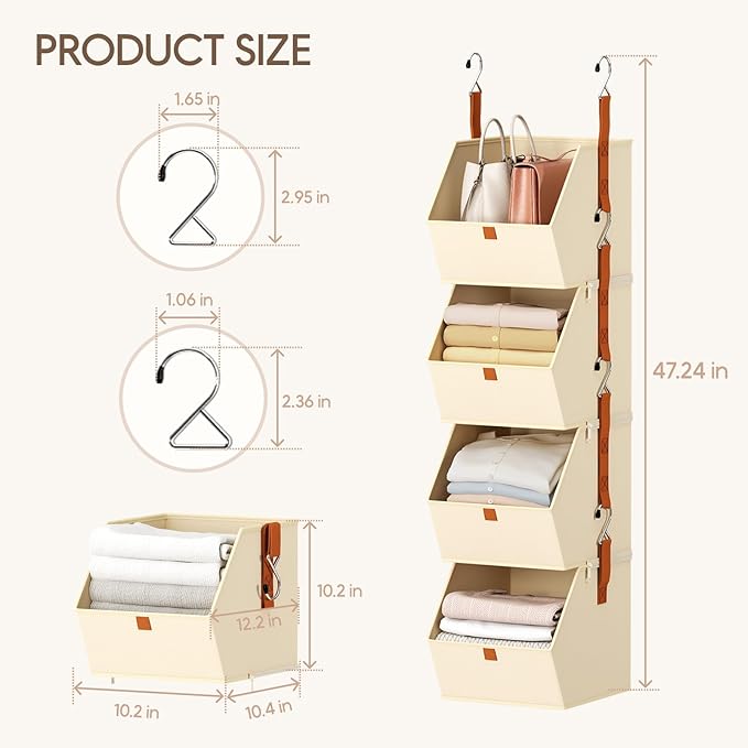 Homsorout Hanging Closet Organizer 4 Tier - Clothes Hanging Shelves, Space-Saving Closet System, Fabric Storage Bins Bedroom Organization, Collapsible Baskets for Home, Dorm, Rv, Beige, 8 Pack