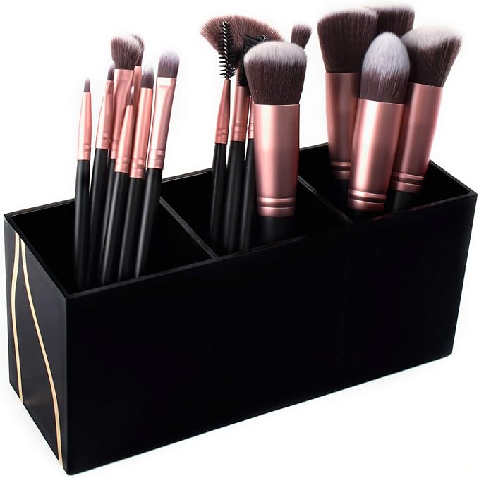 Super Z Outlet Cosmetic Makeup Organizer for Lipstick, Eyeliner Brushes, Lip Pencil Display Rack 3 Slot Vanity Top Holder (Black Gold)