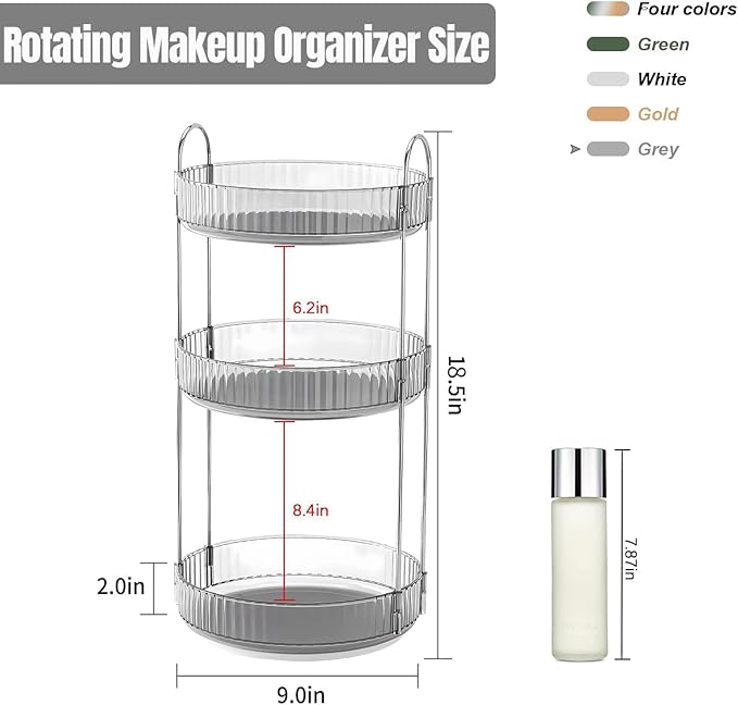 360 Rotating Makeup Organizer for Vanity, Bathroom Countertop Spinning Perfume Organizer, High-Capacity Cosmetic and Skincare Dresser Make Up Holder Rack (3 Tiers, Grey)