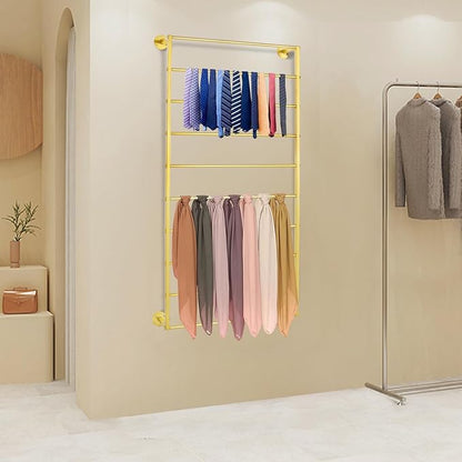 10 Tiers Tie & Scarf Rack, Wall Mounted Scarf Rack, Wall Display Rack, Multifunctional Metal Rack, Towels Storage Rack, Ribbon Holder Wall Display Rack for Accessory Stores Flower Shops (Gold)