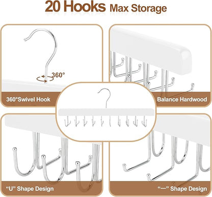 TOPIA HANGER 2 Pack 2 in 1 Belt Tie Hanger for Closet Max 60 Belts with 60 Ties Capacity, 40 Hooks Belt Tie Racks Wooden Hanger for Closet Organizer Storage “U” Fit Belt and “一” Fit Tie - CT52W
