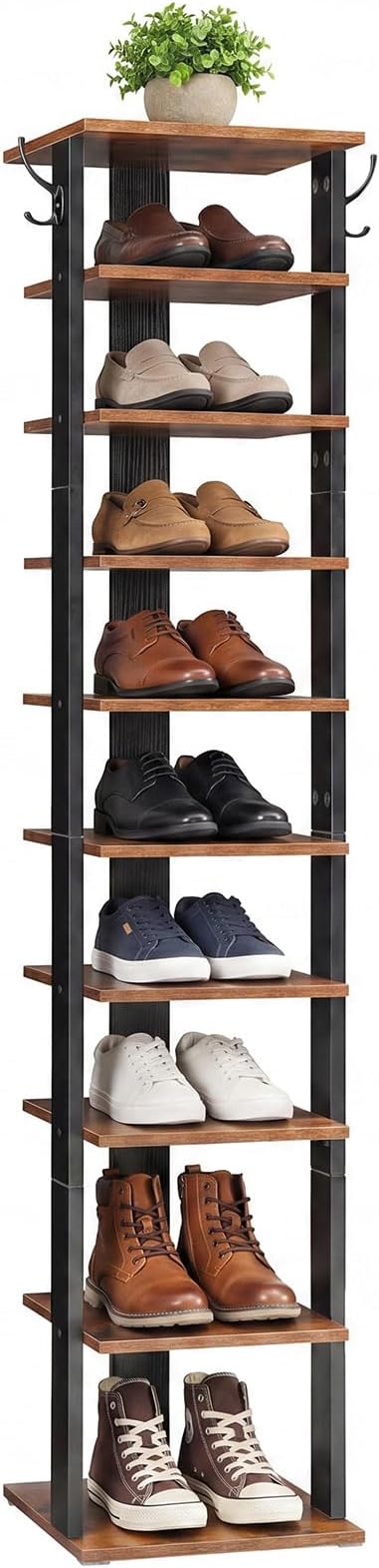 HOOBRO 10 Tiers Vertical Shoe Rack, Wooden Shoe Storage Organizer with Hooks, Narrow Shoe Tower for 10 Pairs, Space Saving, for Entryway, Living Room, Bedroom, Rustic Brown BF141XJ01