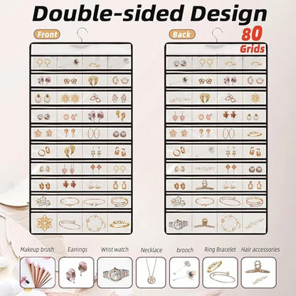 Hanging Jewelry Organizer Storage Earring Jewelry Storage Bag With 48 Pockets Necklace Bracelet Ring Glasses Accessory Display Rack (White)