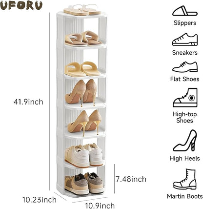 UFORU Small Shoe Rack, 7 Tier Plastic Vertical Shoe Rack for Small and Narrow Spaces, Free Standing Shoe Organizer for Closet, Entryway