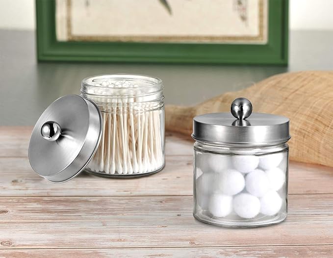 SheeChung 2-Pack Brushed Nickel Mason Jar Qtip Holder - Glass Apothecary Jars Bathroom Organizer - Rust-Proof Stainless Steel Lid for Cotton Swabs, Balls, Pads, Flossers - Modern Farmhouse Decor