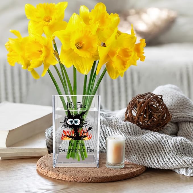 It's Fine I'm Fine Acrylic Cosmetic Pencil Pen Holder Cup, Funny Black Cat Pen Holder Cup, Cat Lover Gift for Women Men, Office Sarcastic Gifts for Women Men Colleague Boss