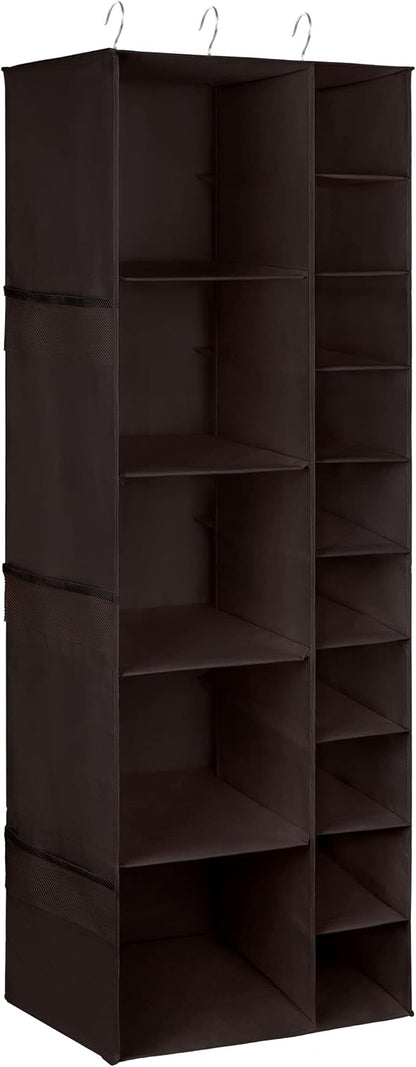 Libeder Shoe Organizer for Closet, 15 Shelf Hanging Closet Storage Shelves - 10 Shoe Rack Organizer and 5 Compartment for Clothes with 6 Side Mesh Pockets for Scarf, Socks,Gloves Coffee