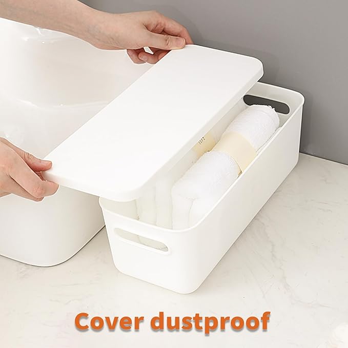 Yishyfier Plastic Storage Baskets With Lid Organizing Container Lidded Knit White Storage Organizer Bins for Shelves Drawers Desktop Playroom Classroom Office (8XS)