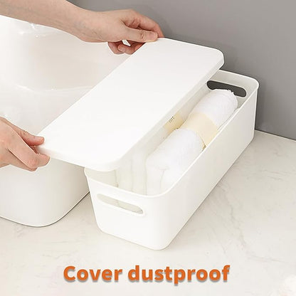 Yishyfier Plastic Storage Baskets With Lid Organizing Container Lidded Knit White Storage Organizer Bins for Shelves Drawers Desktop Playroom Classroom Office (8XS)