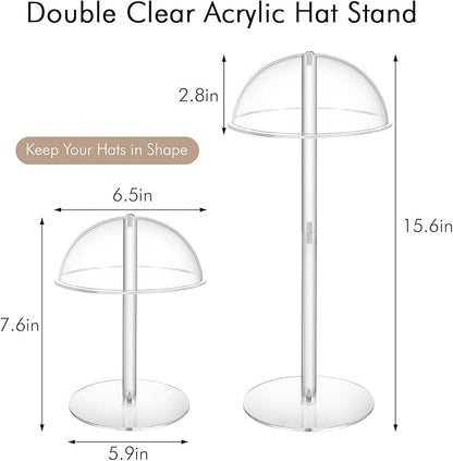 2-Pack Hat Stand for Baseball Caps, Clear Acrylic Dual Desktop Display Holders with Dome Support, Ideal for Bedroom, Closet, Entryway or Retail Showcase