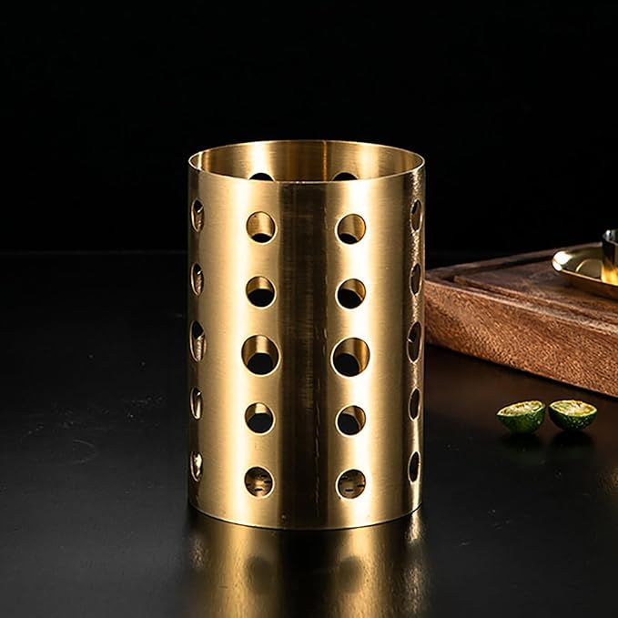 Stainless Steel Utensil Holder, Gold Utensil Holder, Metal Drying with Drain Holes, Chopstick Holder for Kitchen Counter Cooking Countertop