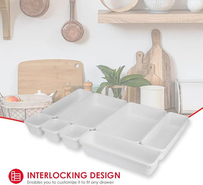 Home Basics 8 Piece Kitchen, Adjustable and Customizable Multi-Drawer Divider Organizer Set Multipurpose Use White
