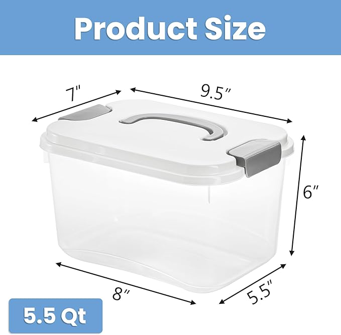 Elsjoy 8 Pack 5.5 Quart Plastic Storage Bins with Lid and Handle, Clear Latch Storage Box Stackable Organizing Bins, Lidded Storage Container for Home, Office