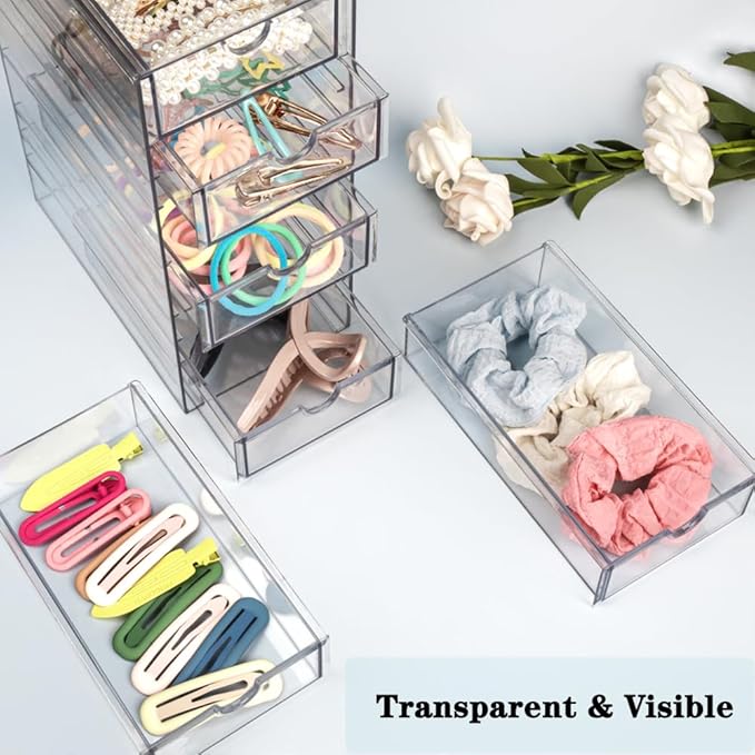 Clear Hair Accessories Organizer Box with 6 Layers, Acrylic Stackable Storage Drawers for Hair Ties, Claw Clips, Bow Holder for Girls, Vanity Makeup Organizer, Bathroom or Desk Countertop Container