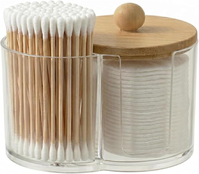 2-in-1 Cotton Round Holder & Cotton Swab Holder with Bamboo Lid - Clear Plastic Cotton Pad Dispenser, Shatterproof Dual Compartment Bathroom Container for Cotton Balls & Vanity Storage