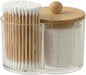2-in-1 Cotton Round Holder & Cotton Swab Holder with Bamboo Lid - Clear Plastic Cotton Pad Dispenser, Shatterproof Dual Compartment Bathroom Container for Cotton Balls & Vanity Storage