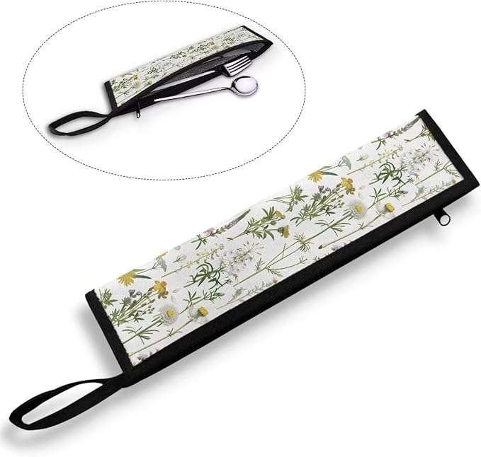 COEQINE Floral Utensils Holder Small Colorful Flower Fork Spoon Knife Organizer White Portable Lightweight Fork Spoon Knife Organizer Case With Handles Travel Accessories Outdoor Portable