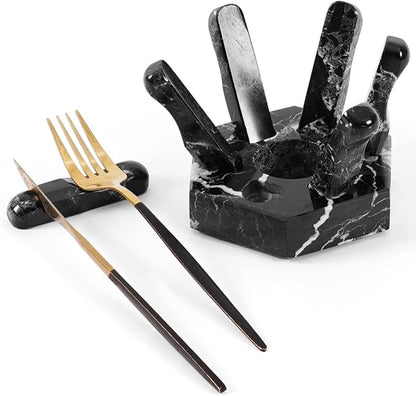 Marble Utensil Rest Black Zebra Kitchen Counter Spoon and Fork Holder, Cutlery Rest for Daily Kitchen Use, Modern Countertop Accessory